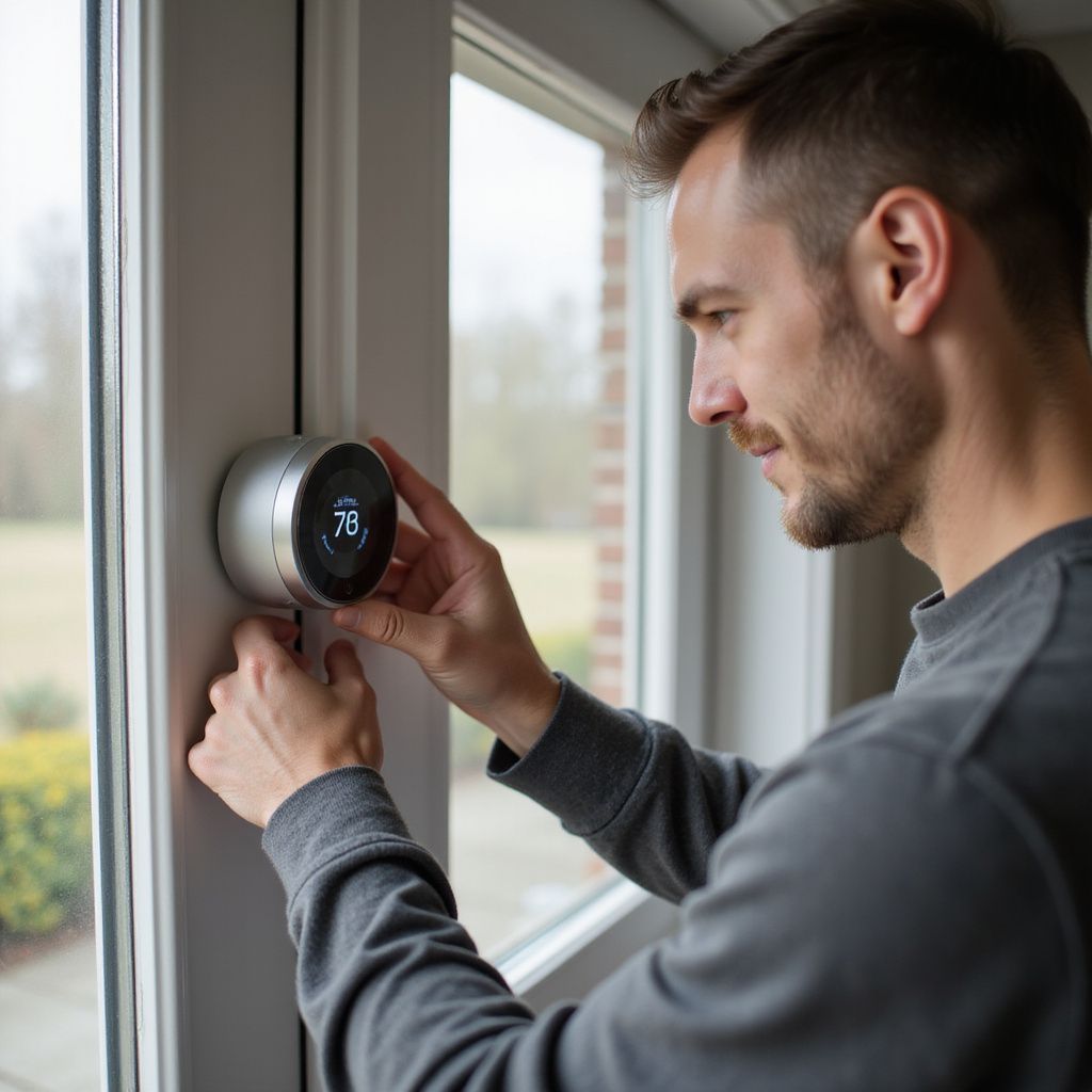 Man installing a smart thermostat on a wall next to a window; inside.