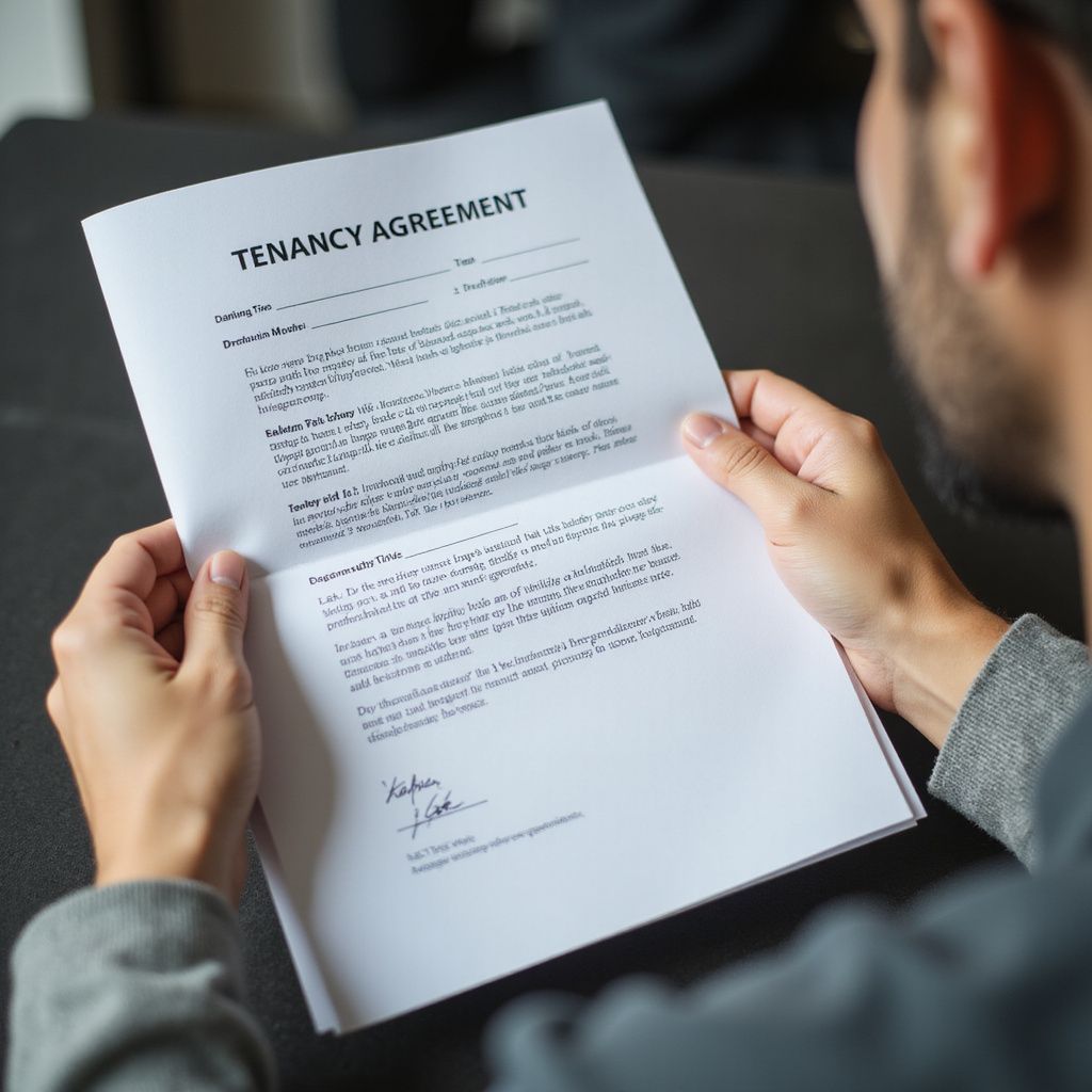 Person reviewing a tenancy agreement; hands holding the document.