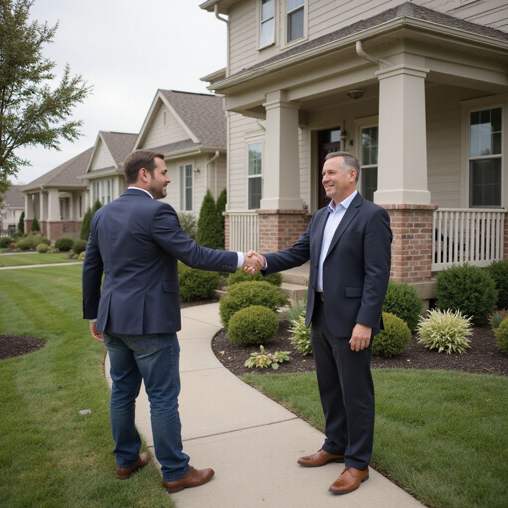 Two men shaking hands in front of a house; one wears a suit, the other a blazer and jeans.