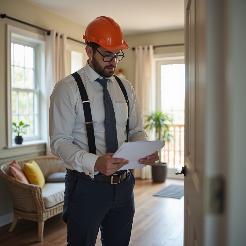 Man in hard hat and tie reviews documents in a bright room with a wicker chair and open door to balcony.
