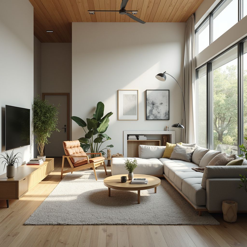 Modern living room with neutral colors, large windows, sectional sofa, and wood accents.