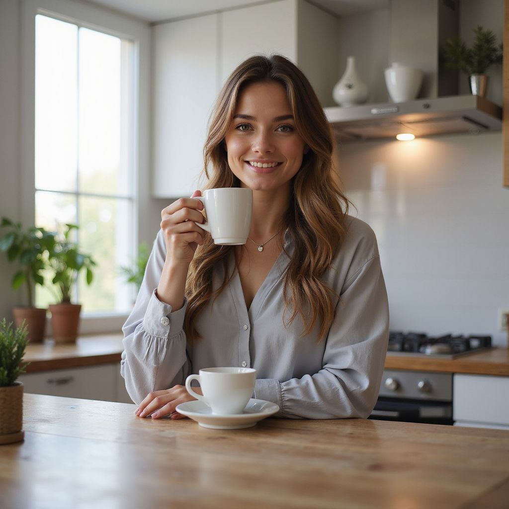 Woman in a light blue shirt smiles, holding a coffee mug in a kitchen with wooden countertops.