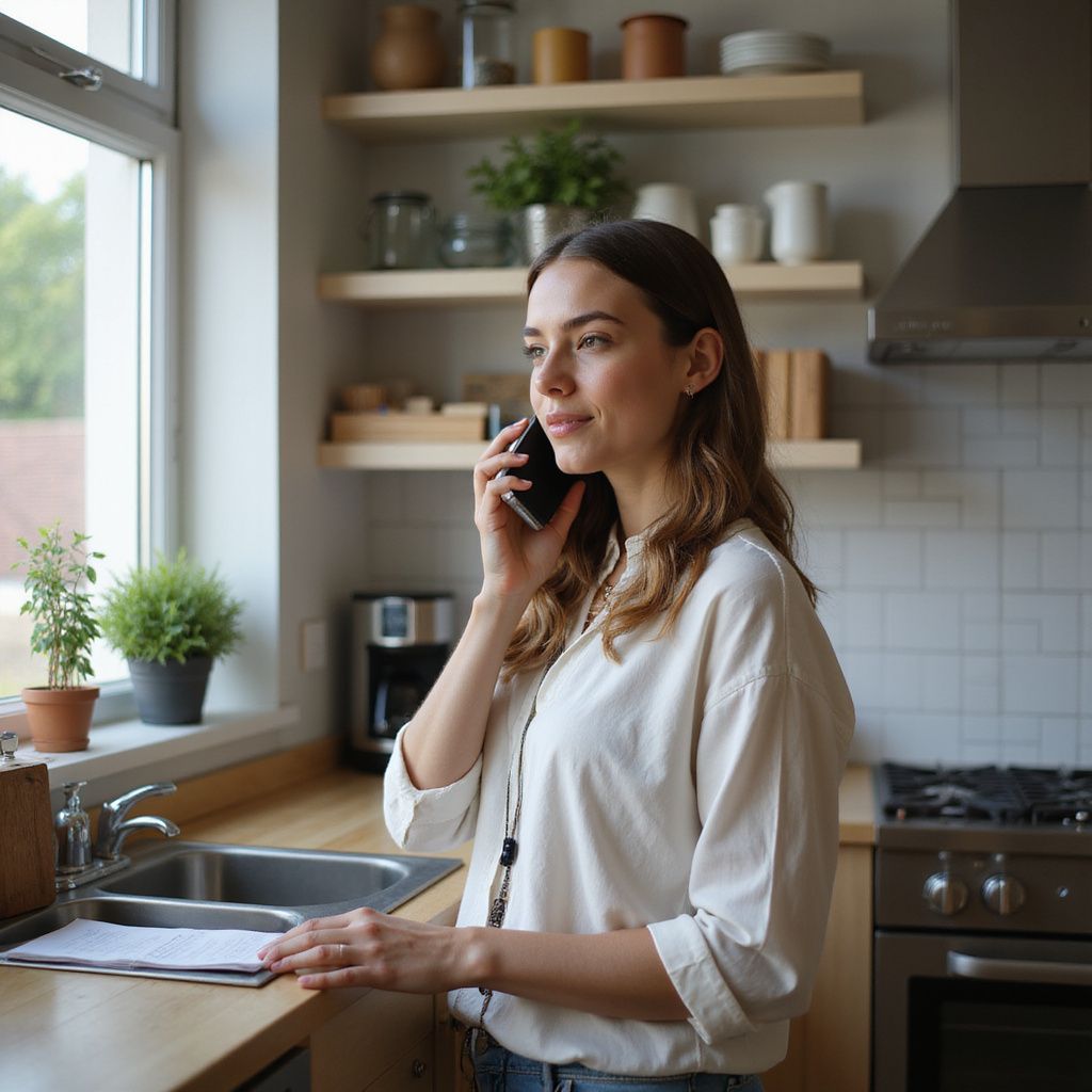 Woman in kitchen, talking on phone, looking out window, near a sink and stove.