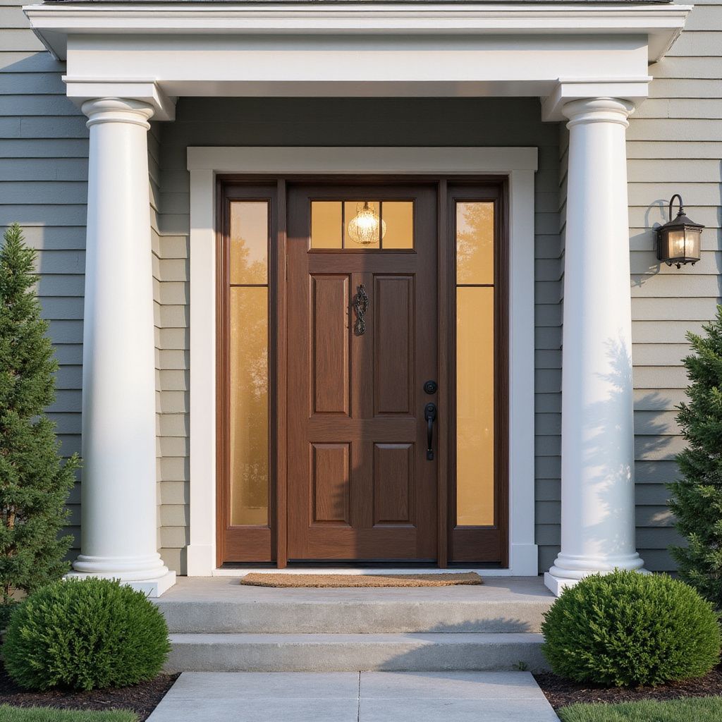 Brown front door with sidelights, under a white portico, flanked by columns and shrubs.
