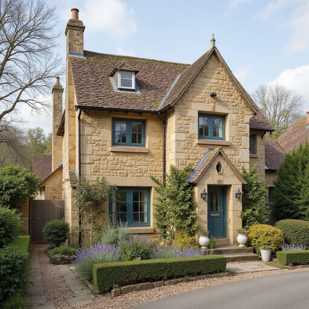 Two-story stone cottage with teal trim. Landscaped garden, walkway, and front door.