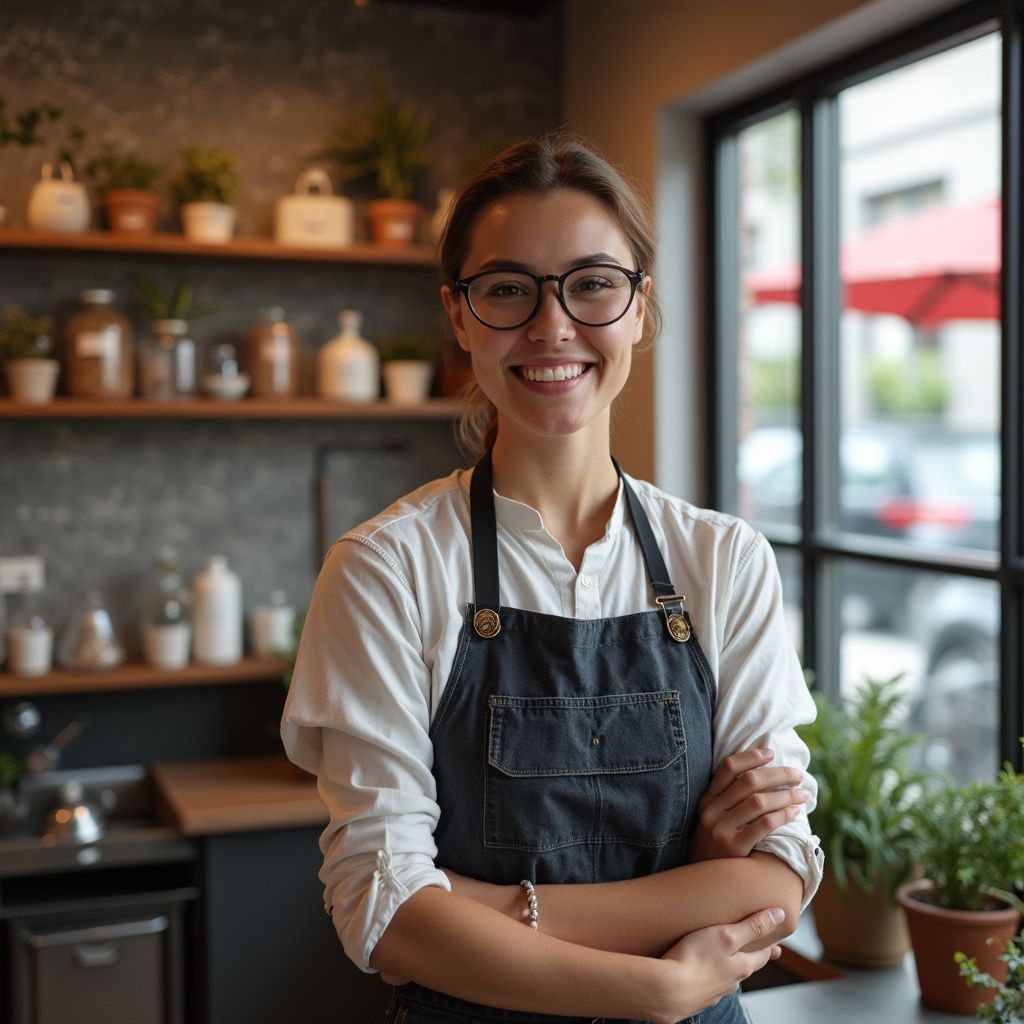 Woman in apron, smiling, arms crossed in a cafe setting with plants and shelves of items.