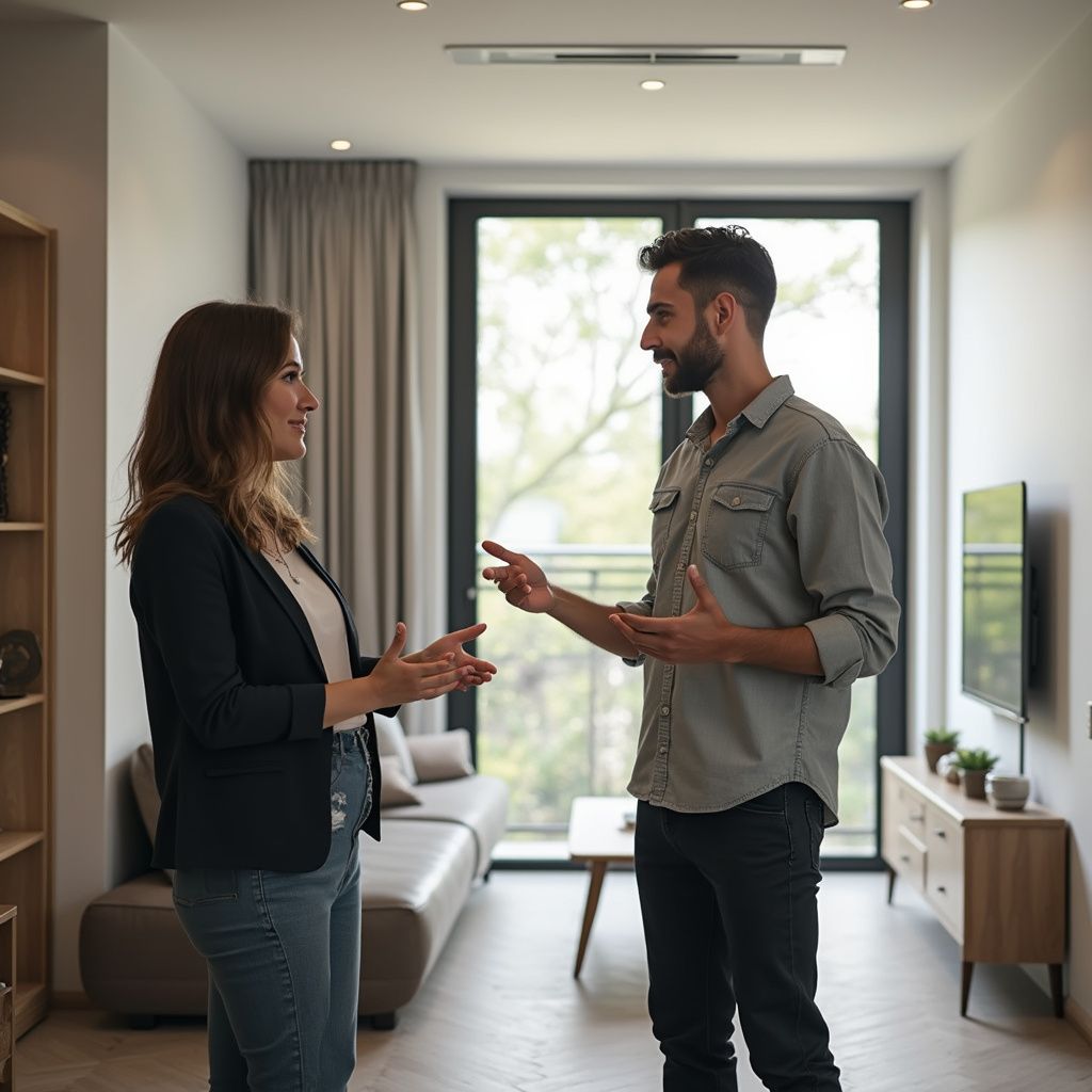 Woman and man talking in a modern living room with neutral colors, smiling, gesturing, and facing each other.