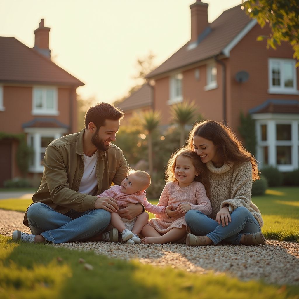 Family sitting cross-legged on a path in front of their home. Sunlight bathes them in a warm glow.