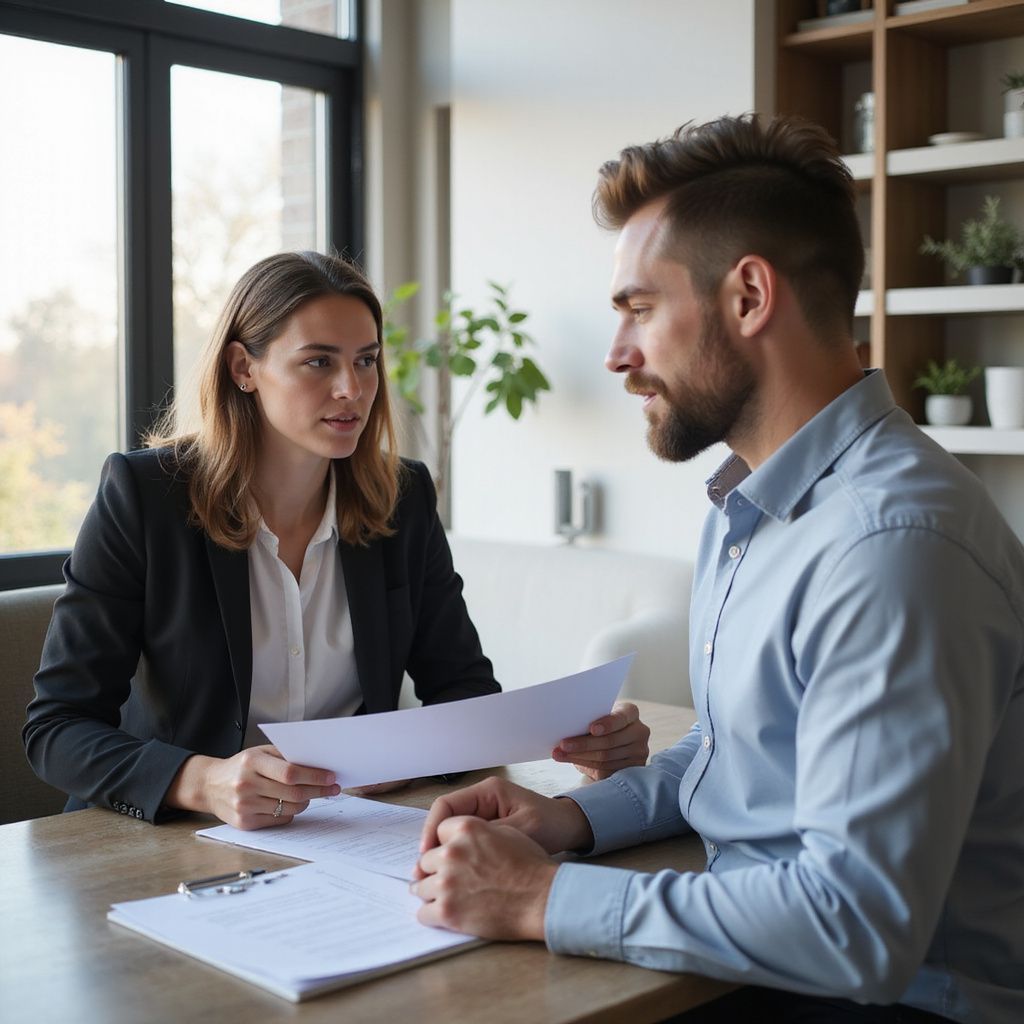 A woman in a blazer and a man in a blue shirt review documents at a table.