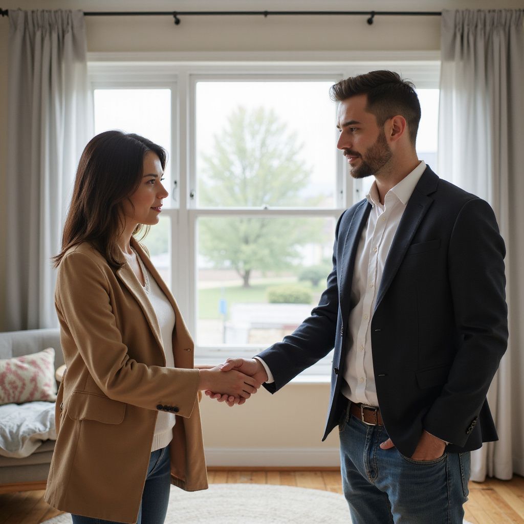 Woman and man shaking hands in front of a window, both smiling in a brightly lit room.