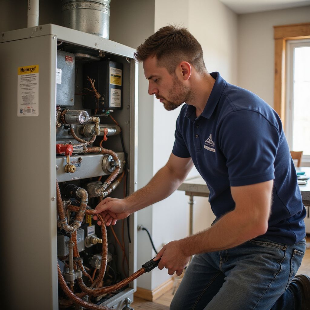 A technician in a blue polo shirt is examining a furnace indoors.