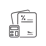 Calculator next to a document with a percentage symbol and a signature.