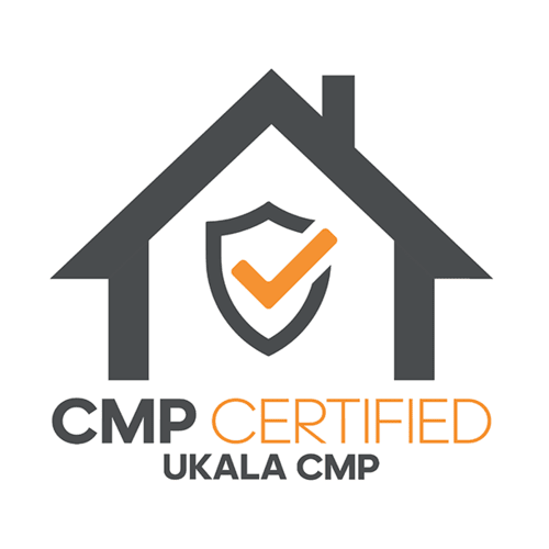 Logo: House with shield and checkmark, 