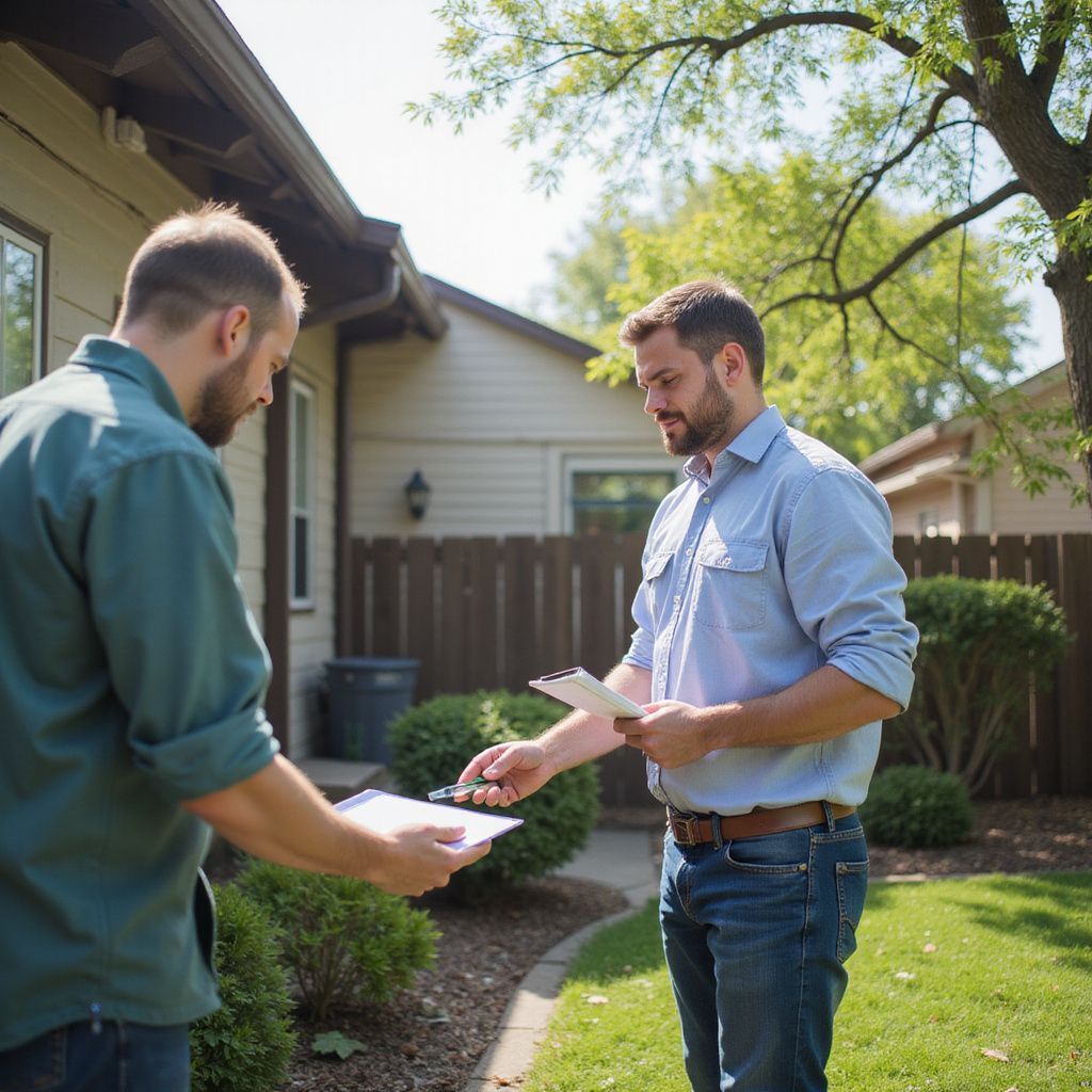 Two men reviewing documents outdoors near a house with a green yard and sunny sky.