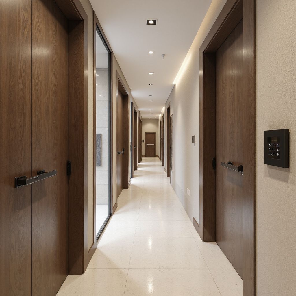Long hallway with wood doors and a white tile floor.