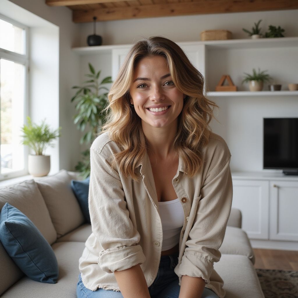 Woman smiling, sitting on a sofa in a living room, wearing a beige shirt and white top.