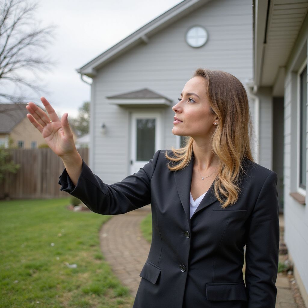 Woman in suit gestures toward a house, on a cloudy day, outdoors.