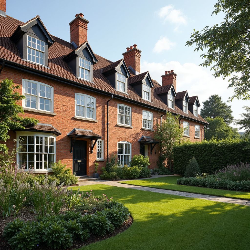 Row of red brick townhouses with black doors and dormers, set in a well-manicured garden.