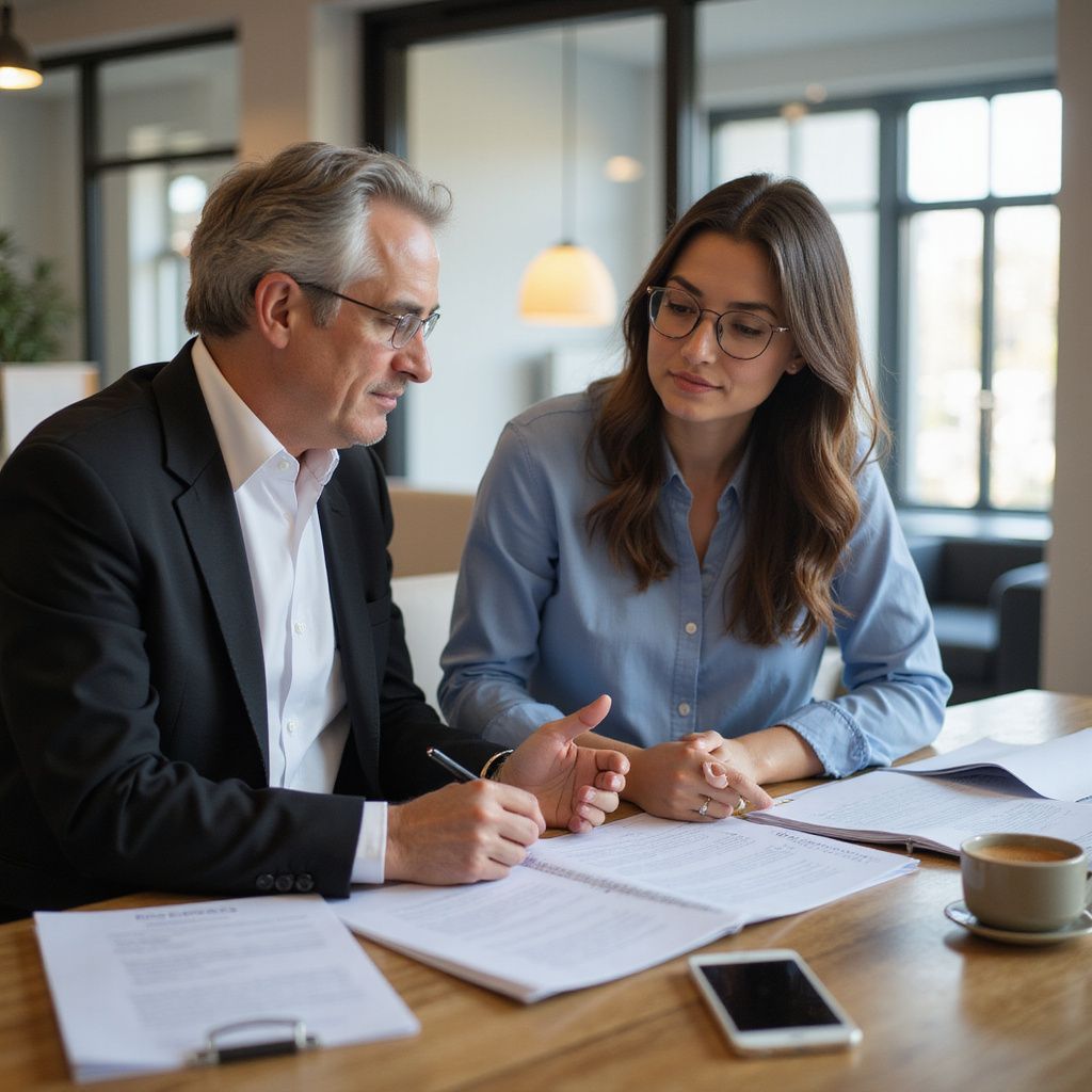Two people reviewing documents at a table. Man in suit points, woman in glasses looks on. Coffee and phone present.
