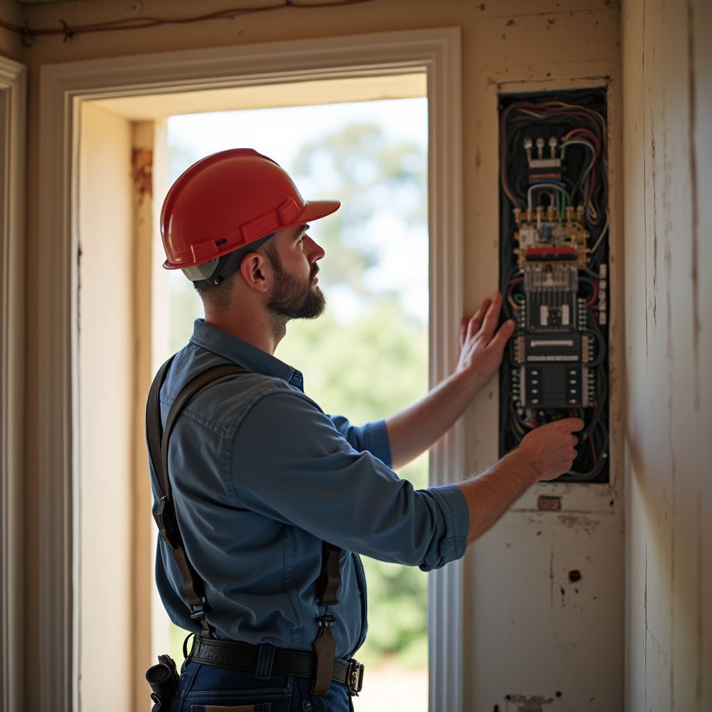 Electrician in a red hard hat working on an electrical panel.
