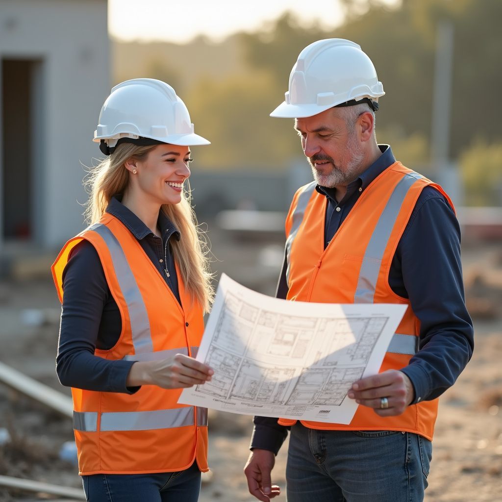 Two construction workers reviewing blueprints outdoors, wearing hard hats and safety vests.