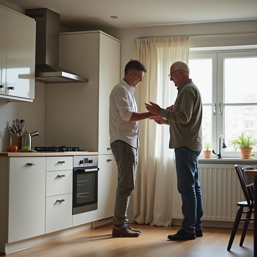 Two men stand in a kitchen, looking at a phone. One wears a white shirt, the other a button-down, jeans, and glasses.