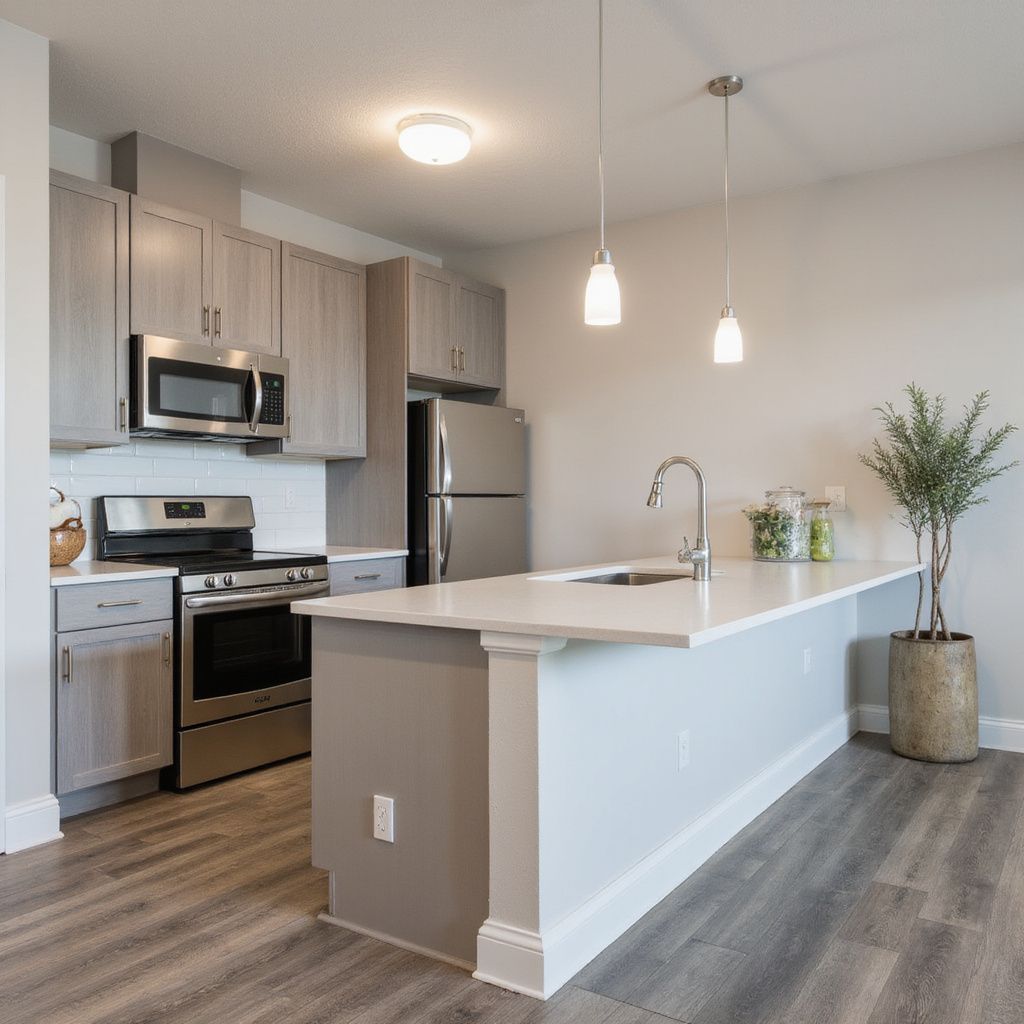 Modern kitchen with gray cabinets, stainless steel appliances, white countertop island, and wood-look flooring.