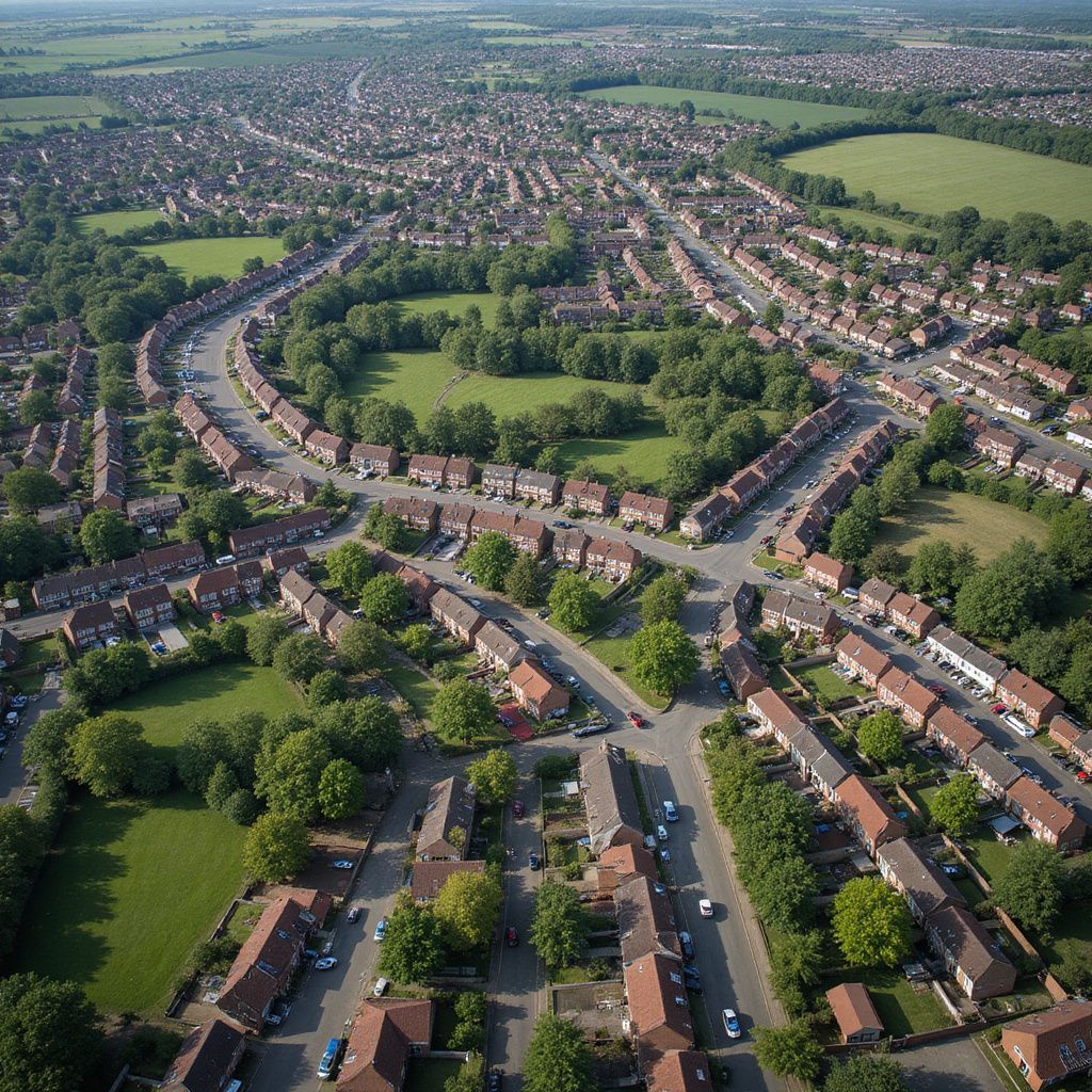 Aerial view of a suburban neighborhood with rows of houses, trees, and green spaces.