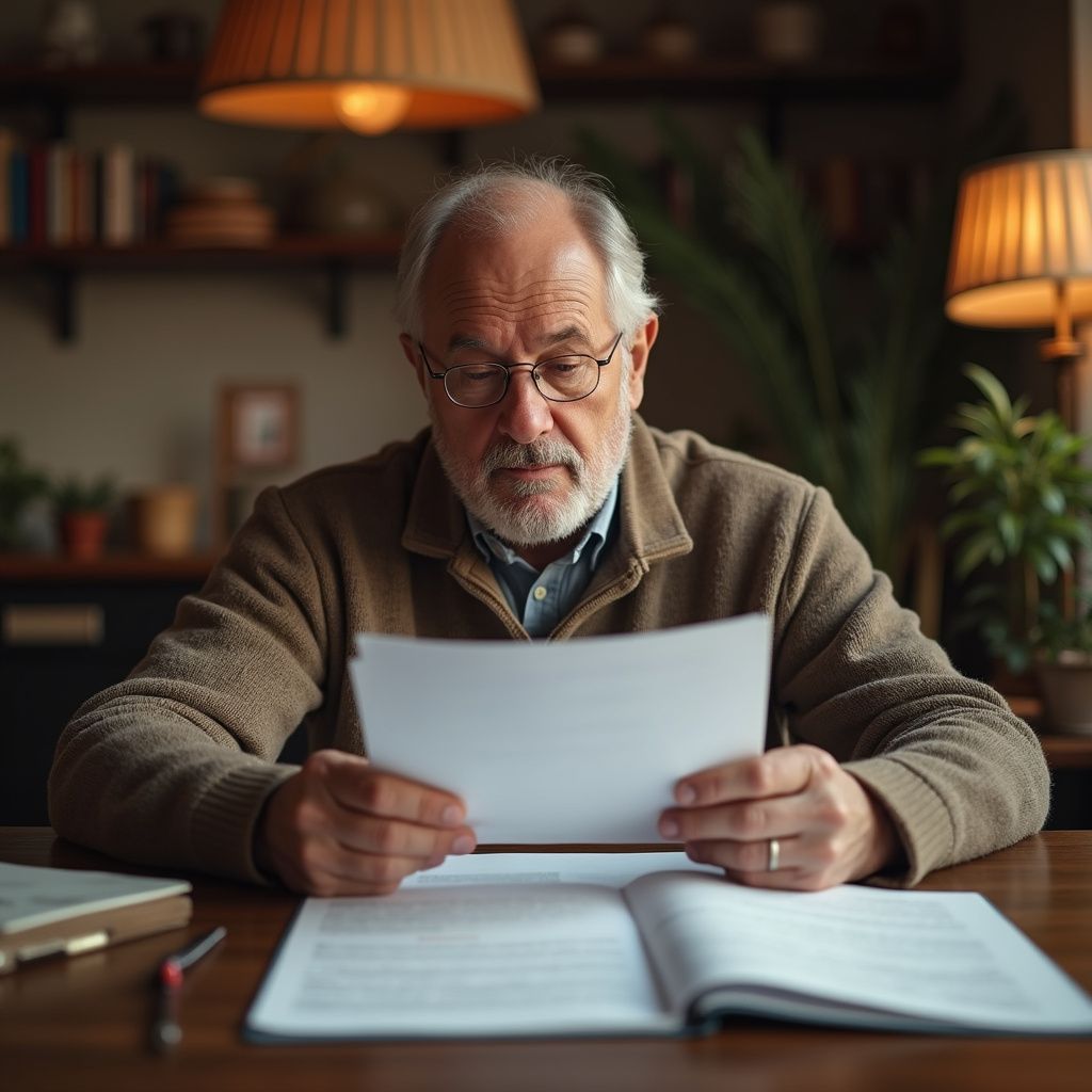 Man reading documents at a desk, wearing glasses, in a home office setting.