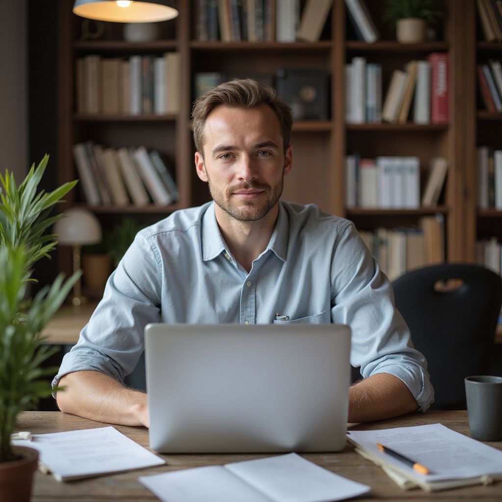 Man sitting at a desk with a laptop, looking forward, in front of a bookshelf.