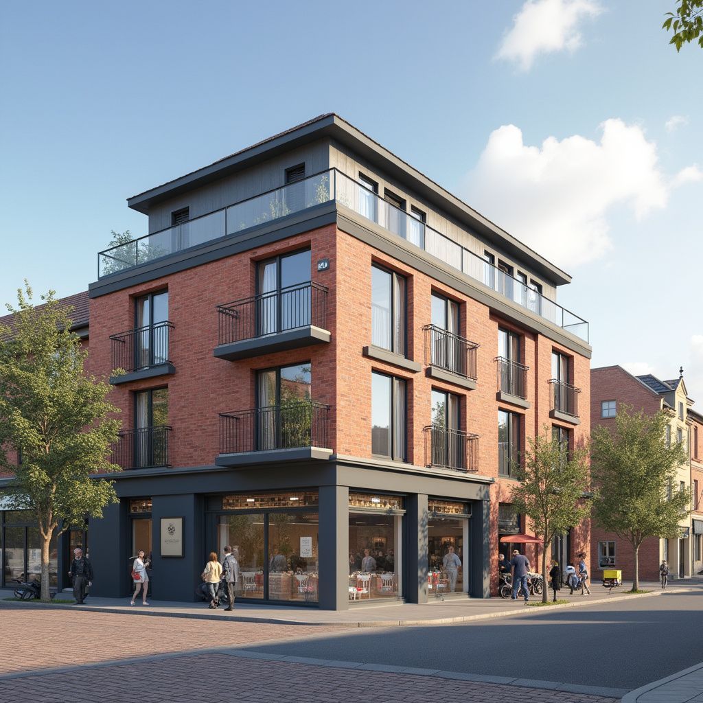 Brick building with retail space on a corner, balconies, and a rooftop terrace on a sunny day.