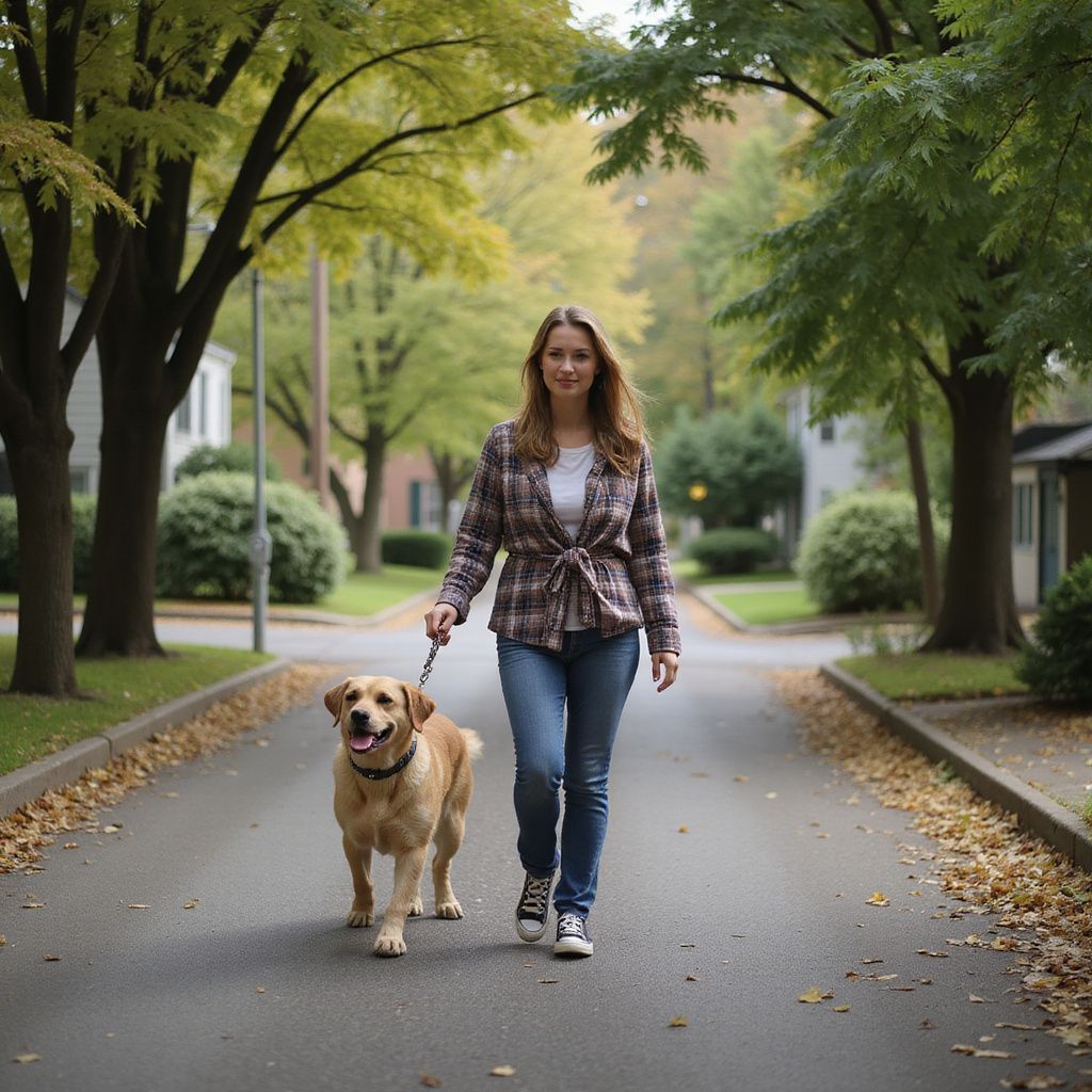 Woman walking a yellow Labrador dog down a tree-lined street, wearing a plaid shirt and jeans.