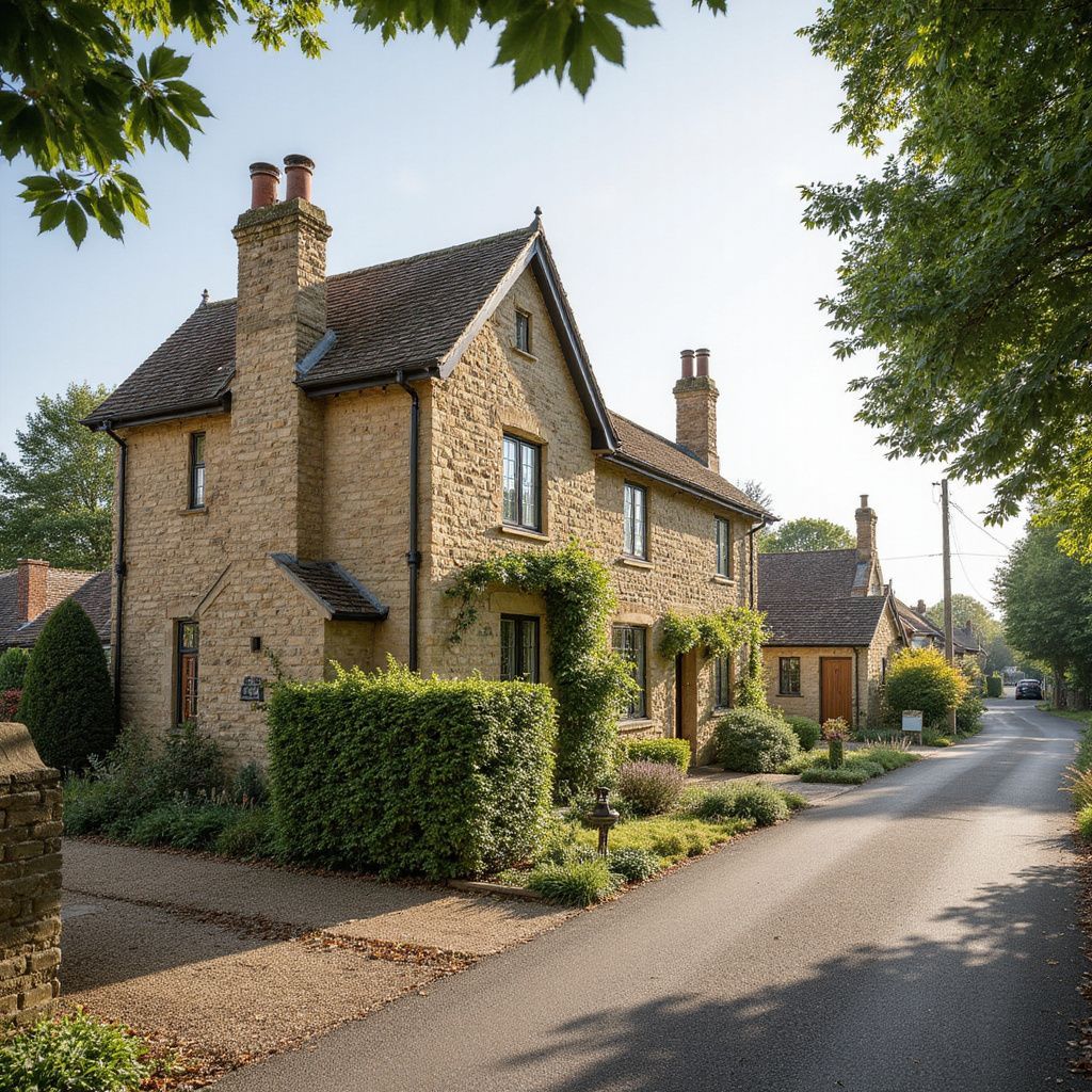 Stone cottage on a village road with greenery, trees, and sunlight.