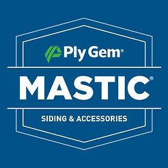 Mastic Siding & Accessories logo. White text on a blue background. The Ply Gem logo is above the word Mastic.