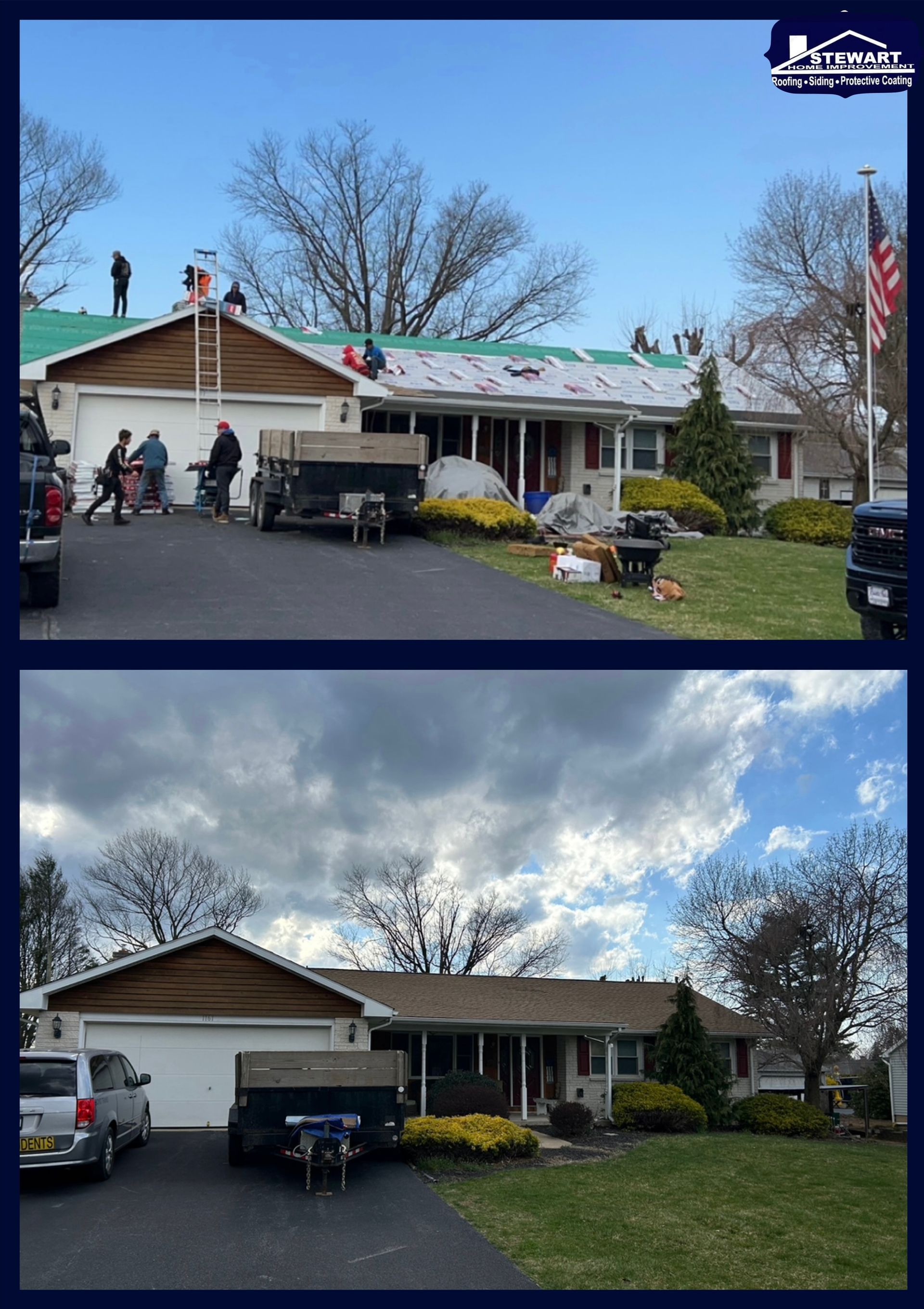 Blue house siding with white trim and a gray shingled roof.