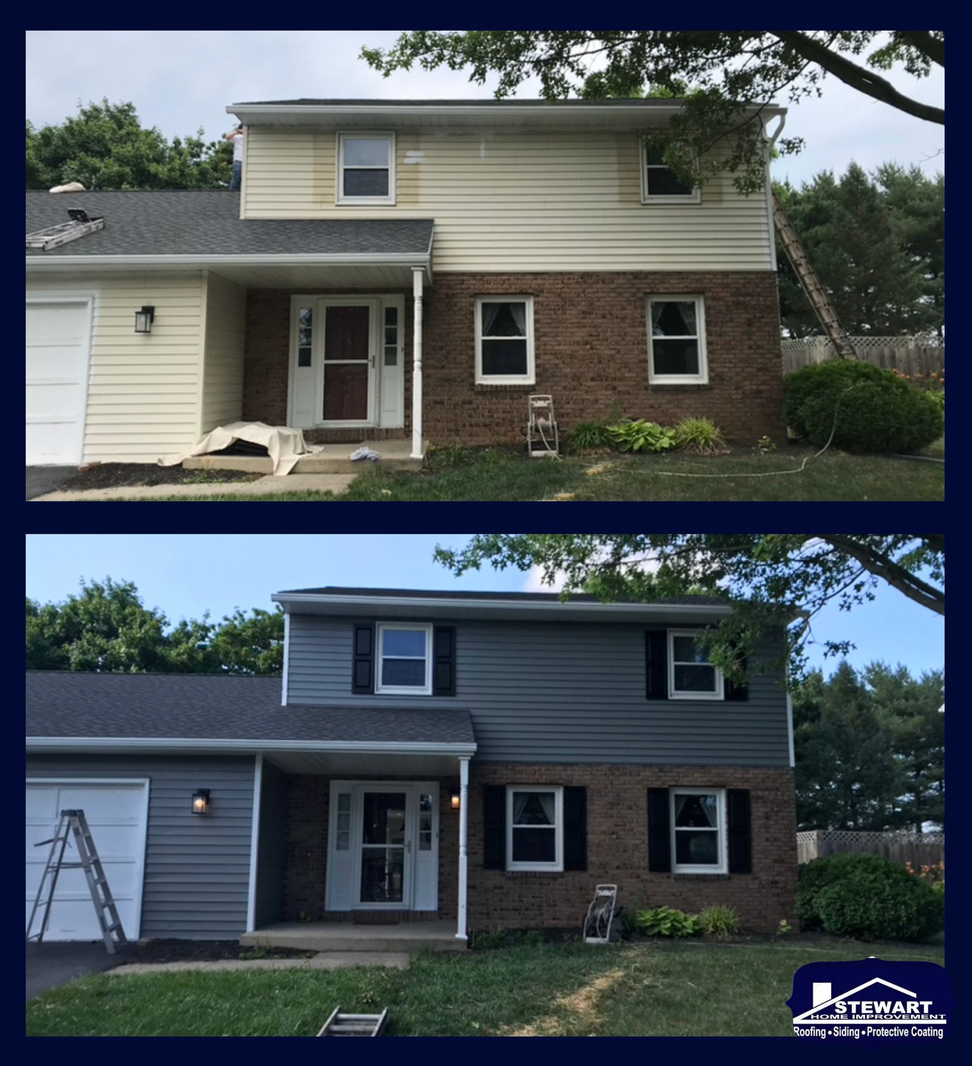 Two-story house before and after exterior renovation, showcasing siding and trim color changes.