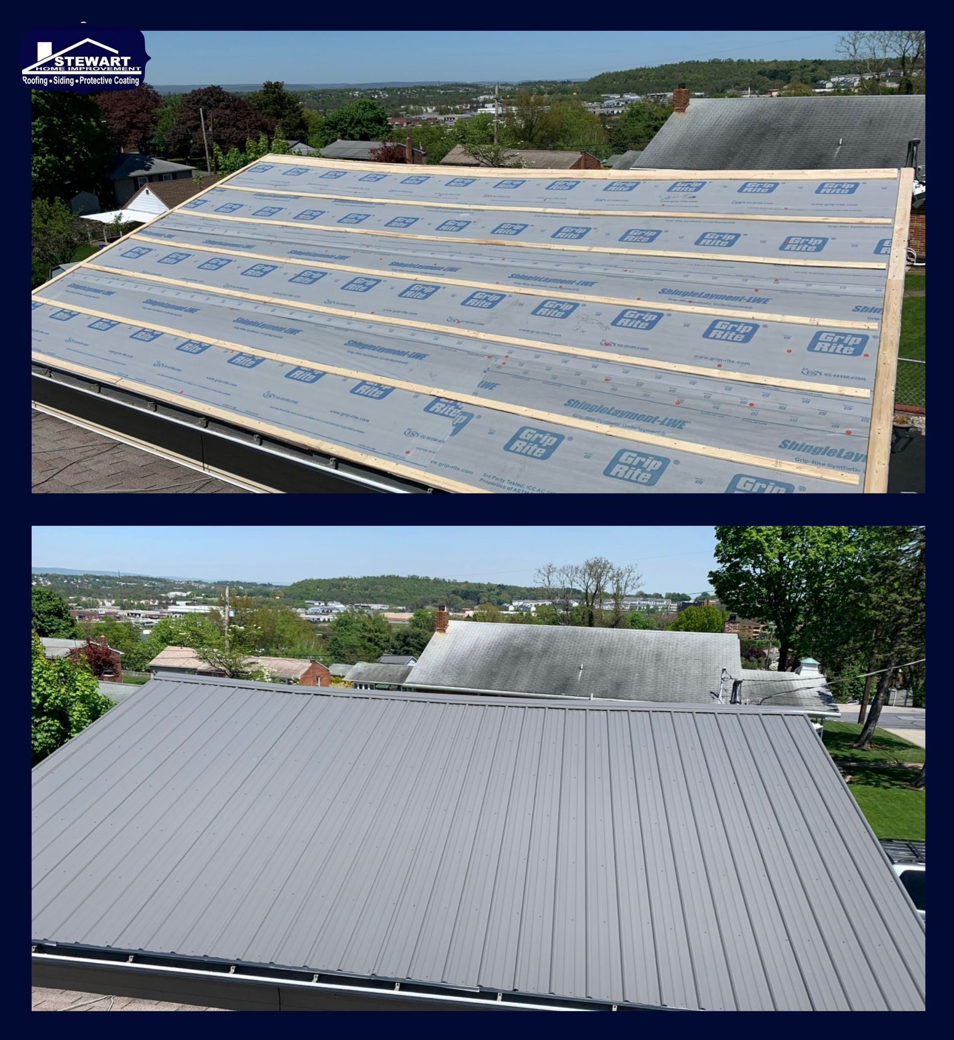 Two-part image: top shows roof underlayment, bottom shows completed gray metal roof with cityscape background.