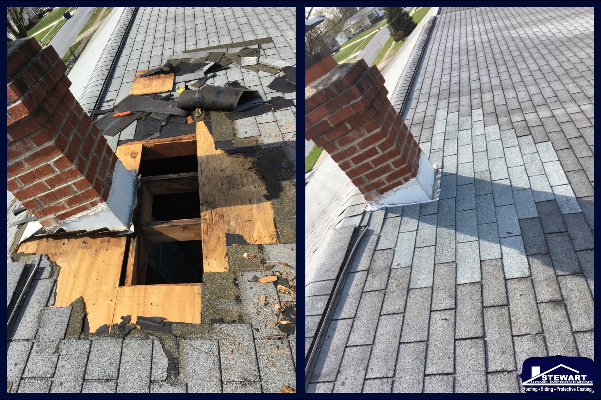 Residential house with brick and siding, dark roof, trees, and clear blue sky.