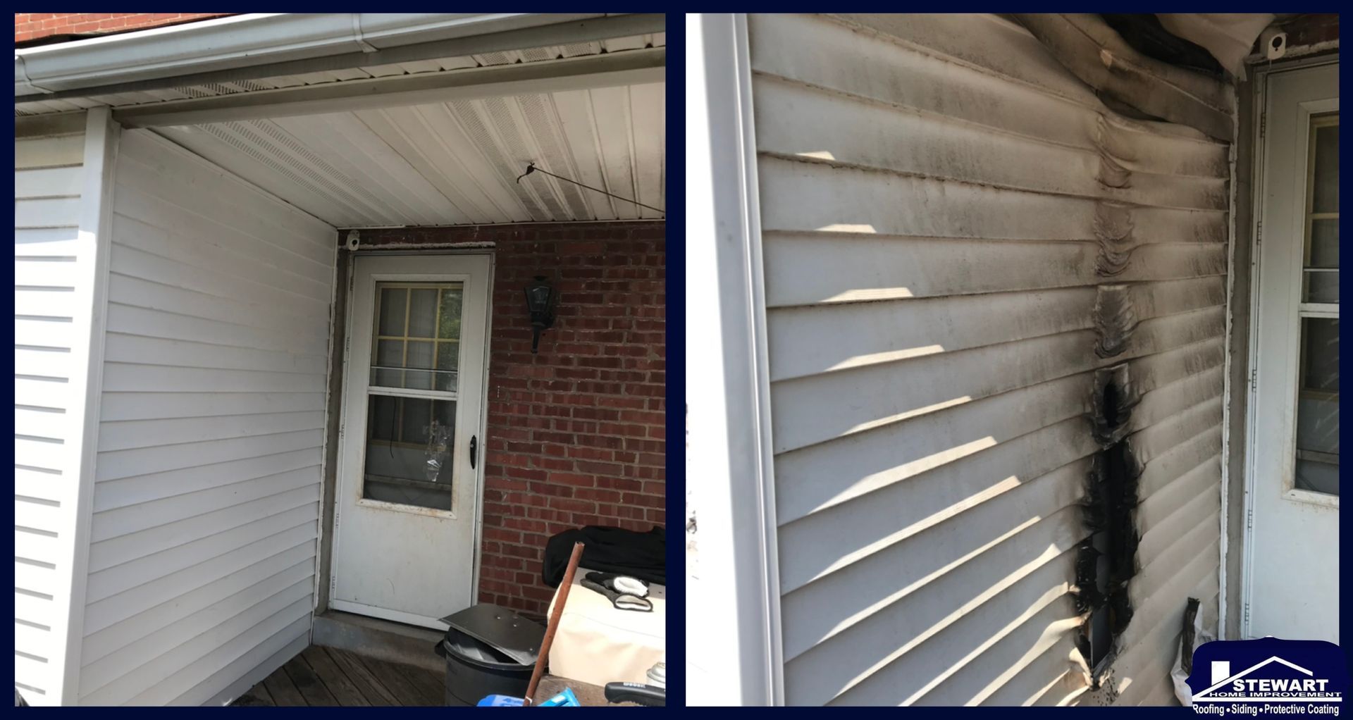 Exterior of a house with smoke damage on the siding. Door and roof also show discoloration.