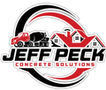 Logo for Jeff Peck Concrete Solutions featuring a red cement truck, house icons, and black and red curved accents.