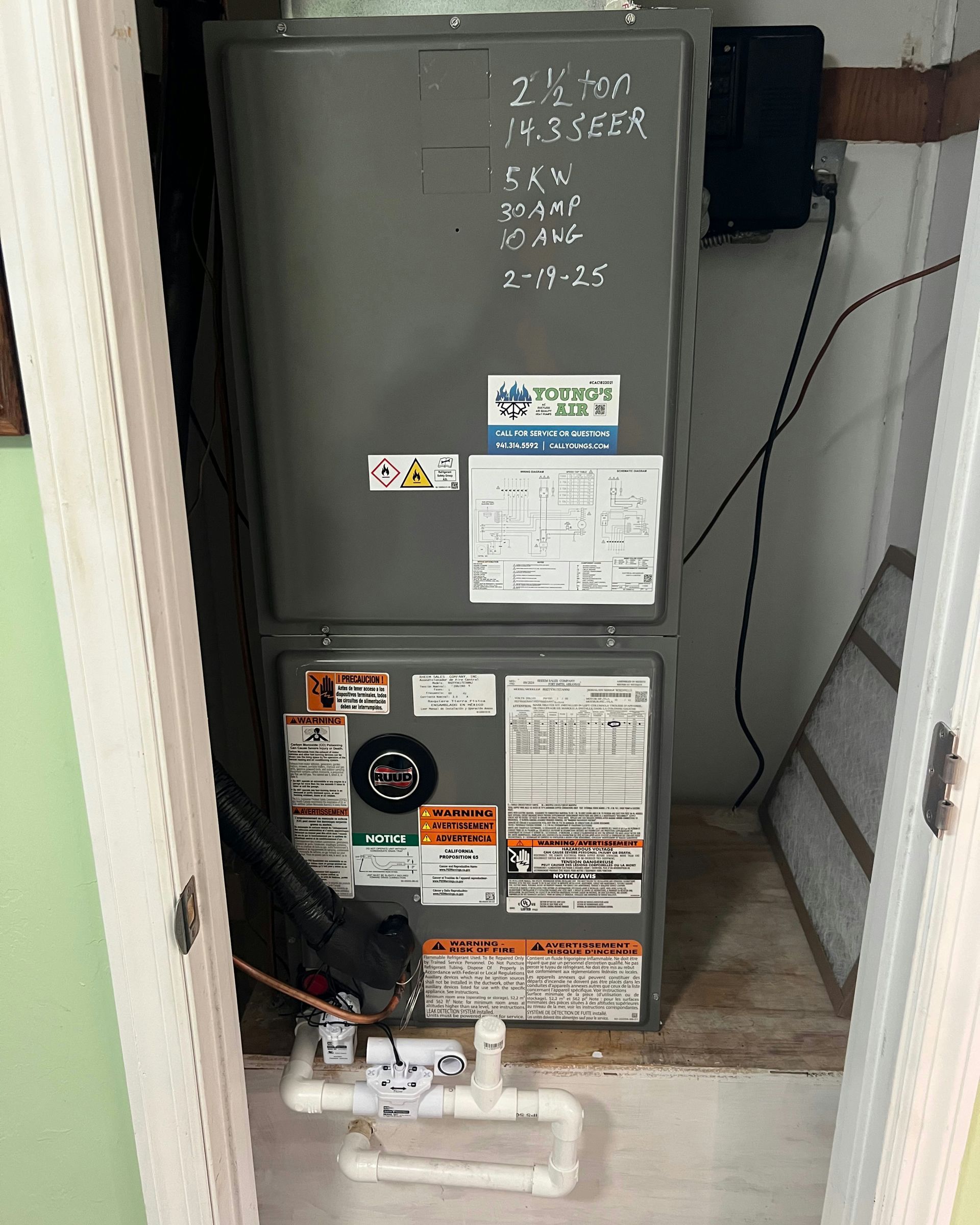 Furnace unit in a closet. Gray metal box with labels and pipes. White door frames.