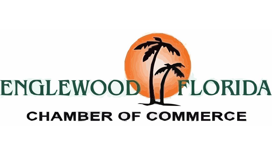 Logo for Englewood, Florida Chamber of Commerce with palm trees in front of an orange sun.