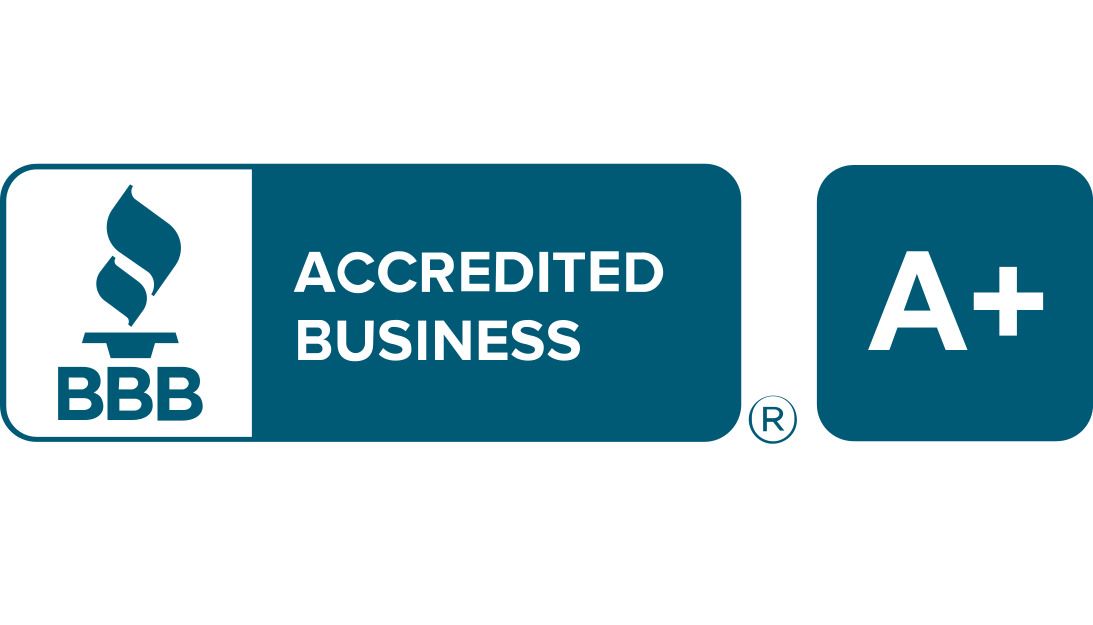 BBB Accredited Business logo with A+ rating. Features blue and white design.
