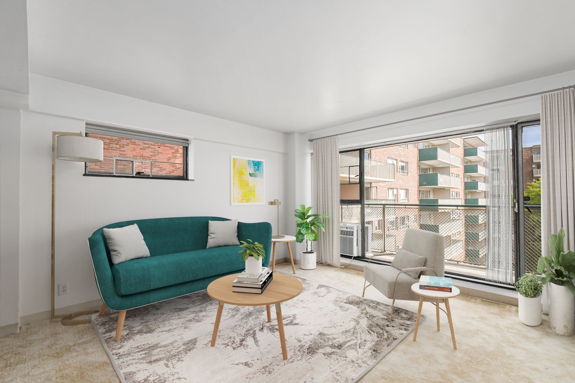 100 Memorial Drive apartment living room with floor-to-ceiling window.