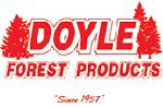 the logo for doyle forest products is red and white with trees in the background .