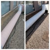 Two side-by-side images: long, flexible ductwork with electrical wires on a gravel surface.