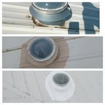 Three views of a skylight on a metal roof. The skylight has a circular, clear dome.
