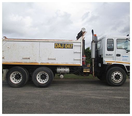 A white truck is parked on the side of the road.