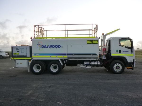 A white dawood truck is parked in a parking lot