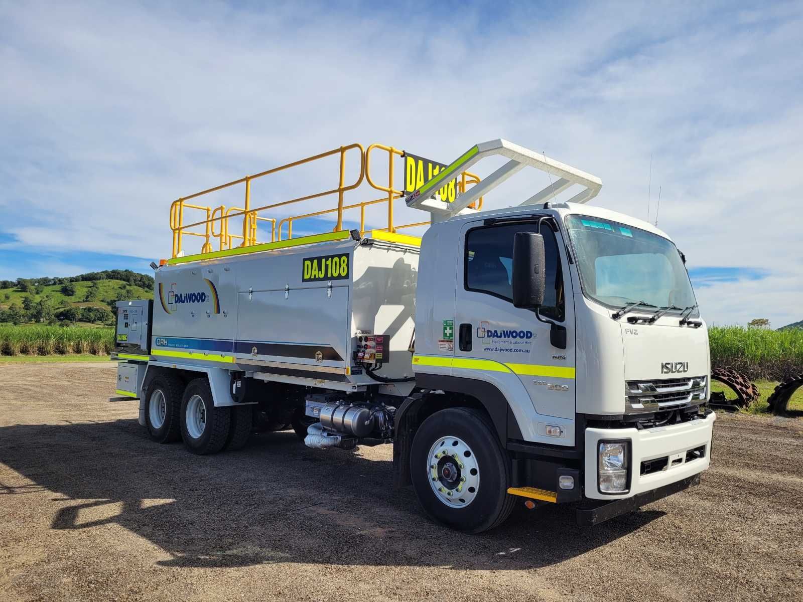A white truck with a yellow railing is parked in a dirt field.